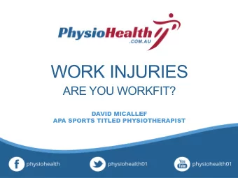 WORK INJURIES  ARE YOU WORKFIT?  DAVID MICALLEF  APA SPORTS TITLED PHYSIOTHERAPIST  ARE YOU WARMED