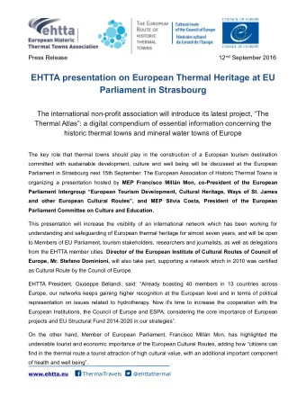 EHTTA presentation on European Thermal Heritage at EU  Parliament in Strasbourg  The international