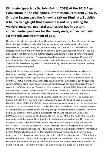 Eliminate (speech by Dr. John Button 2015) At the 2015 Aspac  Convention in The Philippines,