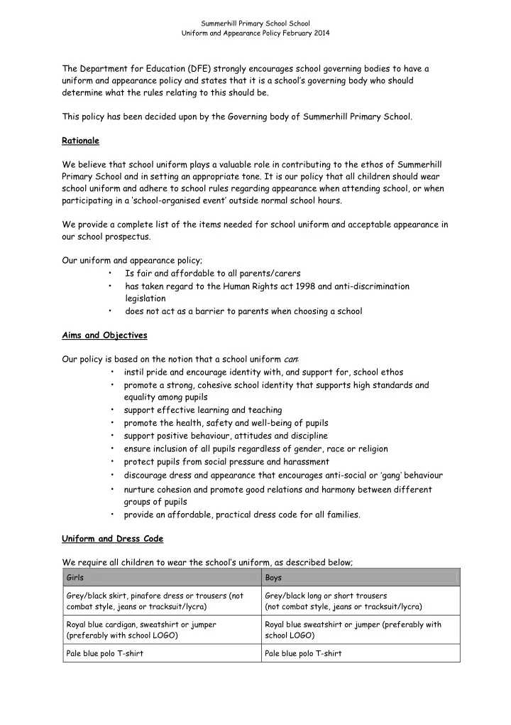 summerhill primary school school uniform and appearance