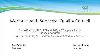 Mental Health Services:  Quality Council  Kristin Korinko, PhD, BCBA, LMHC, NCC, Agency Senior
