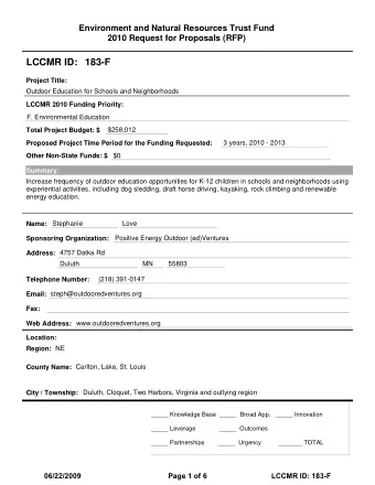 LCCMR ID: 183-F  Project Title:  Outdoor Education for Schools and Neighborhoods  LCCMR 2010