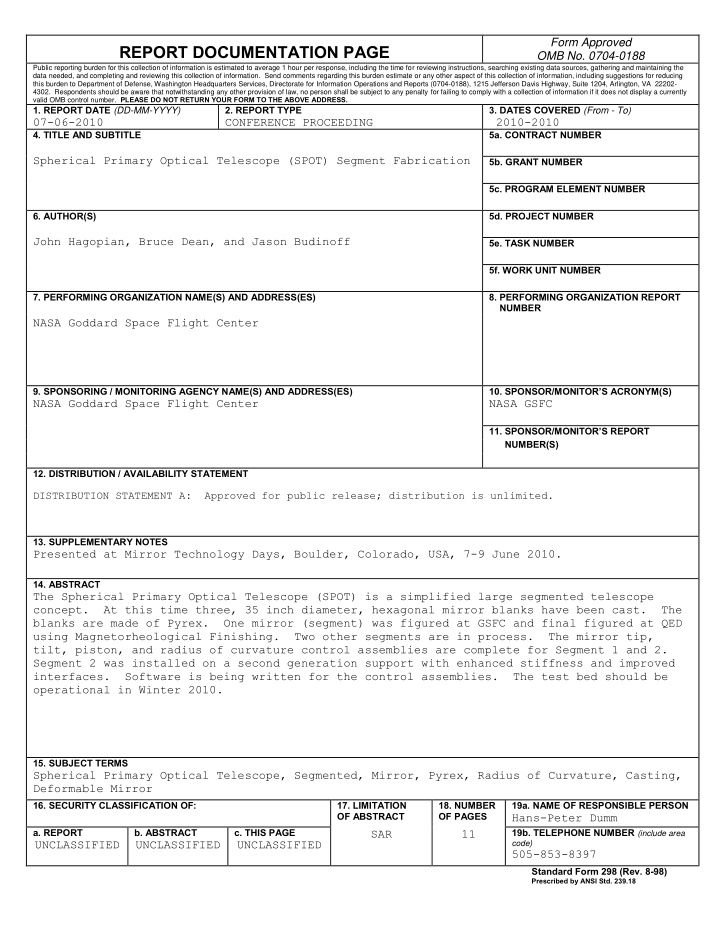 report documentation page