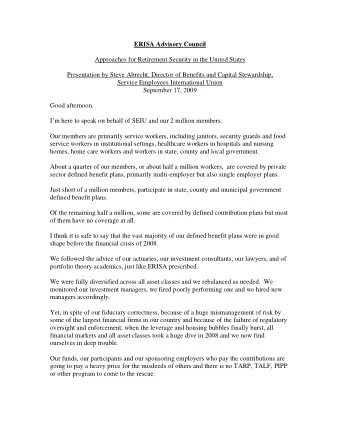 ERISA Advisory Council  Approaches for Retirement Security in the United States  Presentation by
