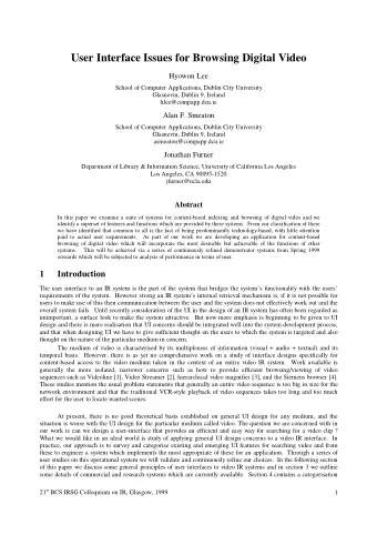 User Interface Issues for Browsing Digital Video  Hyowon Lee  School of Computer Applications,