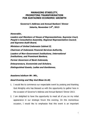 MANAGING STABILITY,  PROMOTING TRANSFORMATION  FOR SUSTAINED ECONOMIC GROWTH Governors Address