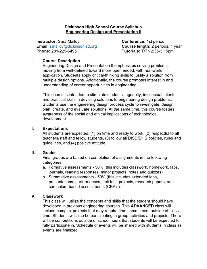 dickinson high school course syllabus engineering design