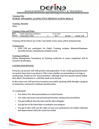 PUBLIC SPEAKING &amp; EFFECTIVE PRESENTATION SKILLS  Training  Duration  5days  Training Venue and