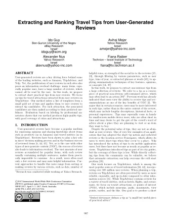 Extracting and Ranking Travel Tips from User-Generated  Reviews  Ido Guy  Avihai Mejer  Ben-Gurion