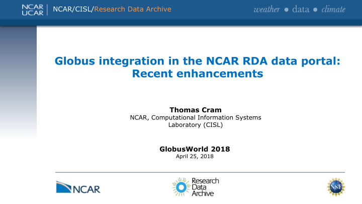globus integration in the ncar rda data portal recent