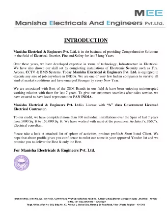 INTRODUCTION Manisha Electrical &amp; Engineers Pvt. Ltd. is in the business of providing