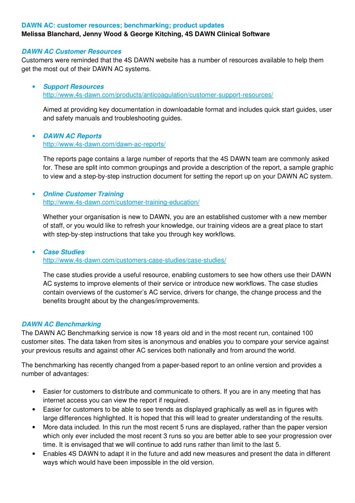 dawn ac customer resources benchmarking product updates