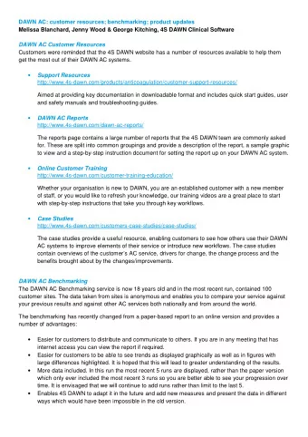 DAWN AC: customer resources; benchmarking; product updates  Melissa Blanchard, Jenny Wood &amp;