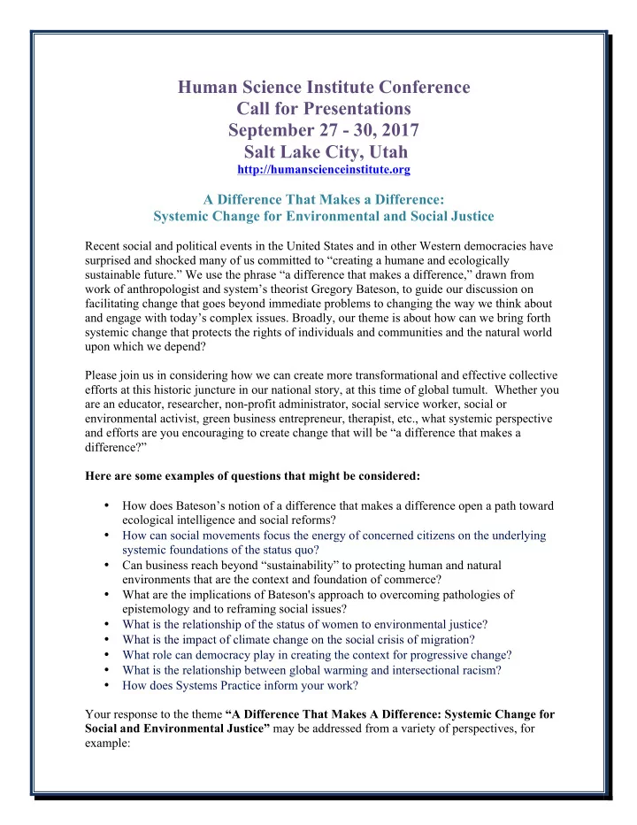 human science institute conference call for presentations