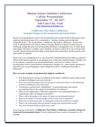 Human Science Institute Conference  Call for Presentations  September 27 - 30, 2017  Salt Lake