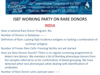ISBT WORKING PARTY ON RARE DONORS  INDIA  Have a national Rare Donor Program: No.  Number of Donors