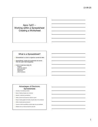 Apco 1p01   Working within a Spreadsheet  Creating a Worksheet  What is a Spreadsheet? n