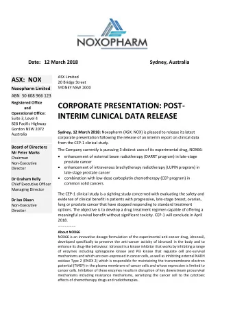 CORPORATE PRESENTATION: POST-  and  Operational Office:  INTERIM CLINICAL DATA RELEASE  Suite 3,