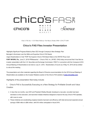 Chico's FAS Files Investor Presentation  Highlights Significant Progress Made by New CEO through