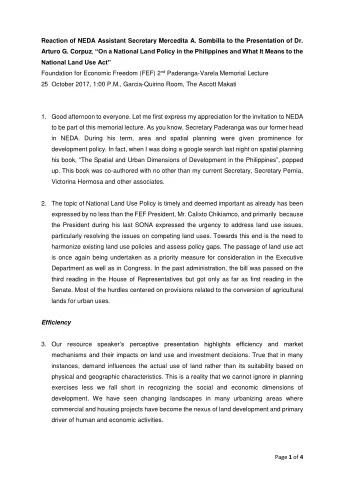 Reaction of NEDA Assistant Secretary Mercedita A. Sombilla to the Presentation of Dr. Arturo G.