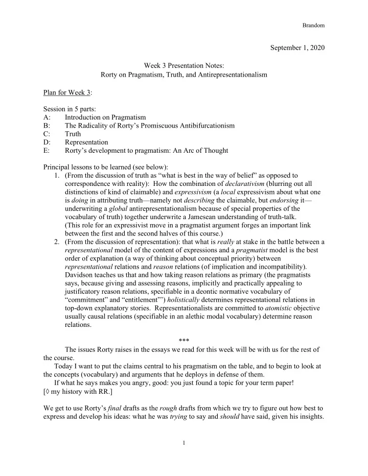 september 1 2020 week 3 presentation notes rorty on