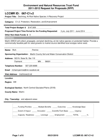 LCCMR ID: 067-C1+2  Project Title:  Declining, At-Risk Native Species: A Recovery Project