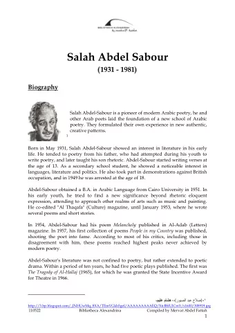 Salah Abdel Sabour  1931 - 1981  Biography  Salah Abdel-Sabour is a pioneer of modern Arabic