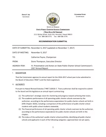 C ATHERINE P AYNE D AVID Y. I GE C HAIRPERSON G OVERNOR S TATE OF H AWAII S TATE P UBLIC C HARTER S