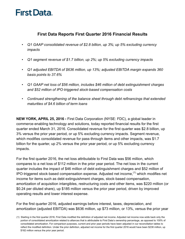 first data reports first quarter 2016 financial results