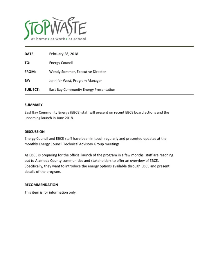 summary east bay community energy ebce staff will present