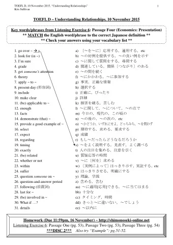 TOEFL D  Understanding Relationships, 10 November 2015  Key words/phrases from Listening