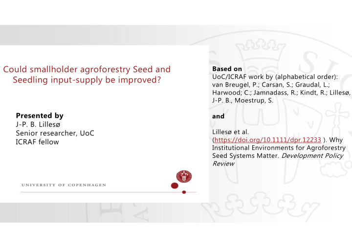 could smallholder agroforestry seed and