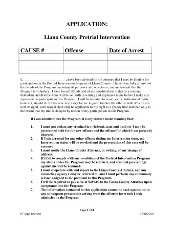 APPLICATION:  Llano County Pretrial Intervention  CAUSE #  Offense  Date of Arrest I,