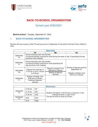 BACK-TO-SCHOOL ORGANIZATION School year 2020/2021 Back-to-school : Tuesday, September 8 th , 2020