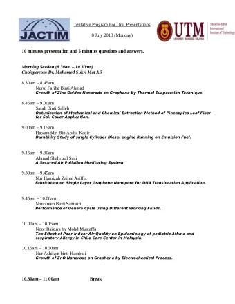 Tentative Program For Oral Presentations  8 July 2013 (Monday)  10 minutes presentation and 5