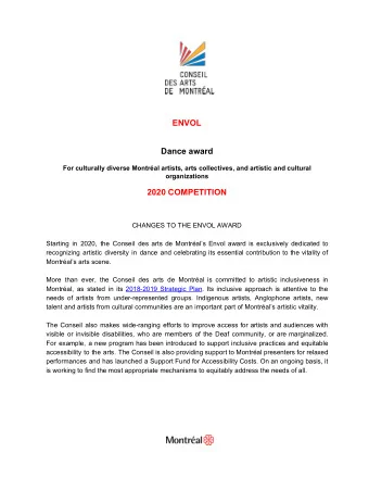 ENVOL  Dance award  For culturally diverse Montral artists, arts collectives, and artistic and