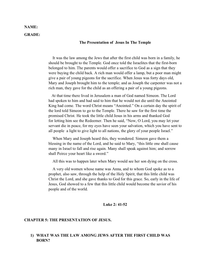 name grade the presentation of jesus in the temple it was