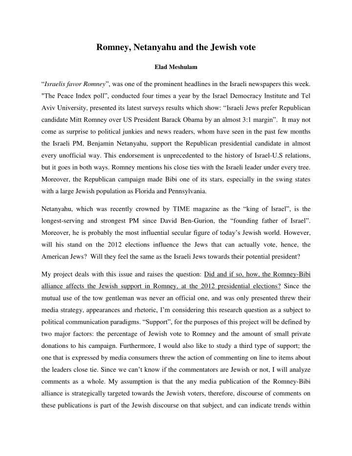 romney netanyahu and the jewish vote