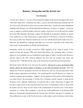 Romney, Netanyahu and the Jewish vote  Elad Meshulam  Israelis favor Romney , was one of the
