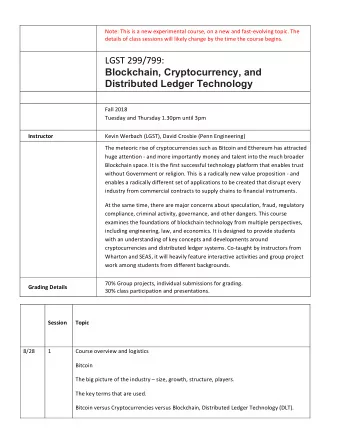 LGST 299/799:  Blockchain, Cryptocurrency, and Distributed Ledger Technology  Fall 2018  Tuesday