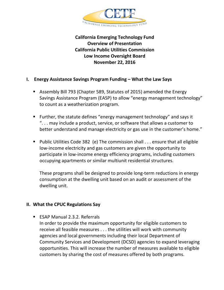 california emerging technology fund overview of