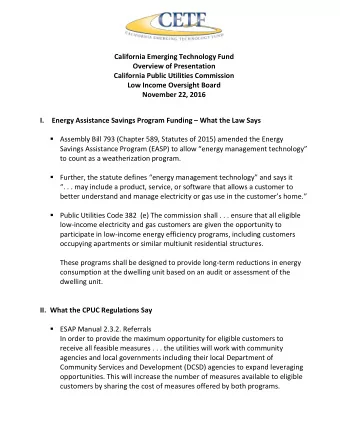 California Emerging Technology Fund  Overview of Presentation  California Public Utilities
