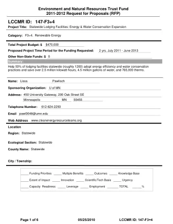 LCCMR ID: 147-F3+4  Project Title:  Statewide Lodging Facilities: Energy &amp; Water Conservation
