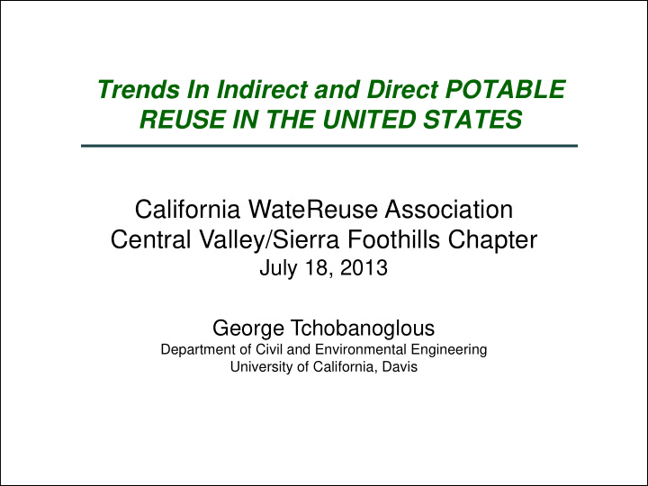 trends in indirect and direct potable reuse in the united