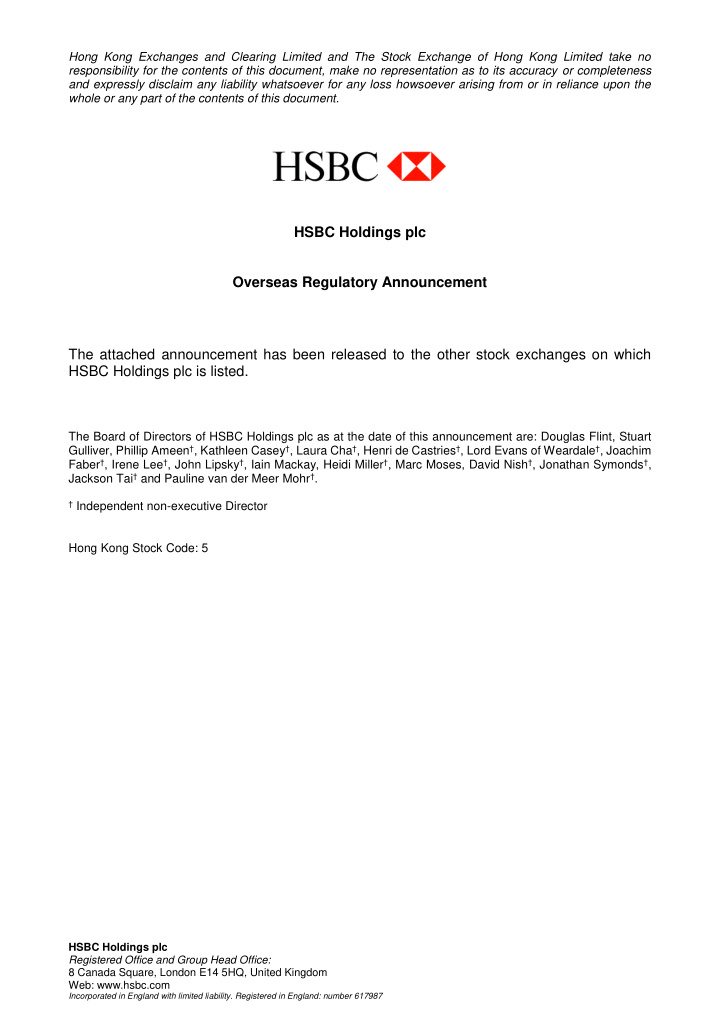 hsbc holdings plc overseas regulatory announcement the