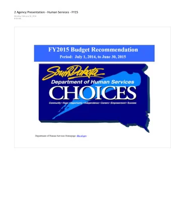 FY2015 Budget Recommendation  Period: July 1, 2014, to June 30, 2015 Department of  Human Service