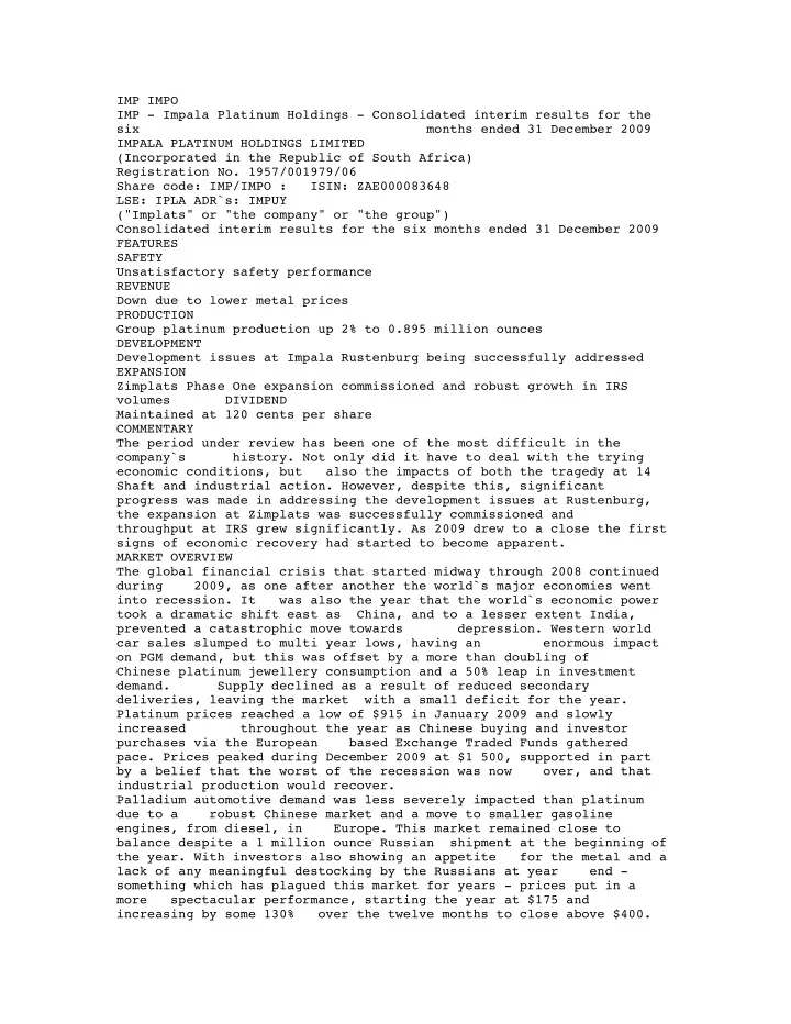 imp impo imp impala platinum holdings consolidated