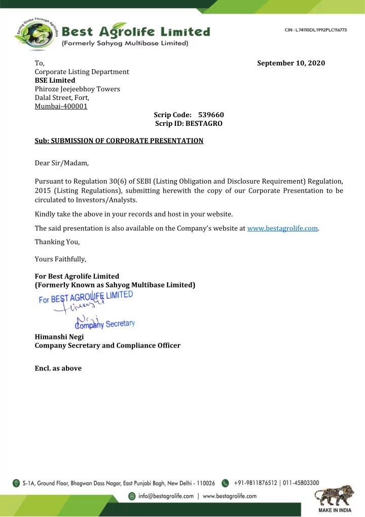 to september 10 2020 corporate listing department bse