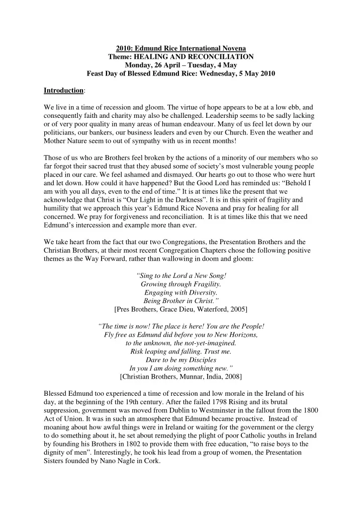 2010 edmund rice international novena theme healing and