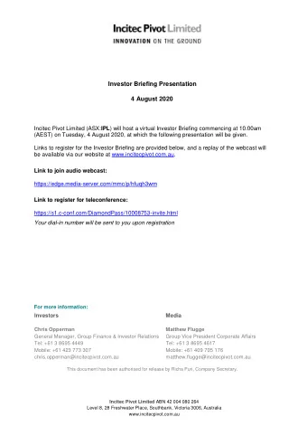 Investor Briefing Presentation  4 August 2020 Incitec Pivot Limited (ASX: IPL ) will host a virtual